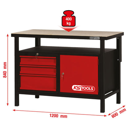 KS TOOLS Werkbank mit 3 Schubladen und 1 Tür, H840xB1200xT600mm ( 865.0003 ) - Toolbrothers
