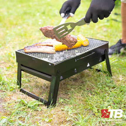 Toolbrothers Parrilla de carbón portátil para camping sin herramientas 43 x 29 x 23 cm negro cromado cubierto Ahumador BBQ Pit Grill