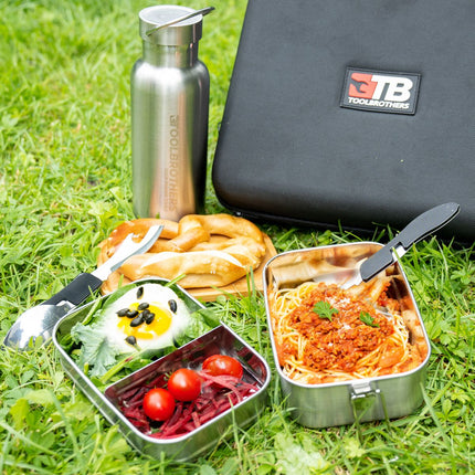 Toolbrothers Fan lunch box in valigetta rigida in acciaio inox 2 livelli coperchio in bambù 1340 ml + borraccia in acciaio inox 600 ml + posate multifunzione 4 in 1