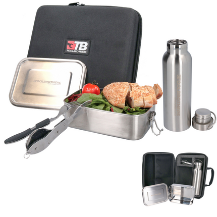 Bolsa de almuerzo Toolbrothers en estuche rígido, bolsa de transporte con lonchera de acero inoxidable con divisores de 1200 ml + botella de 600 ml + cubiertos multifuncionales 4 en 1