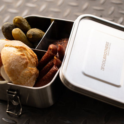 Bolsa de almuerzo Toolbrothers en estuche rígido, bolsa de transporte con lonchera de acero inoxidable con divisores de 1200 ml + botella de 600 ml + cubiertos multifuncionales 4 en 1