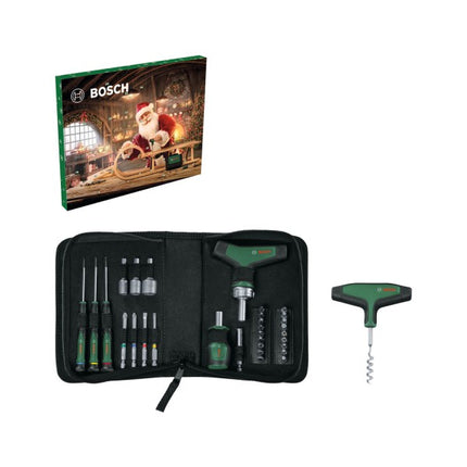 Bosch Hand Tools Calendario de Adviento 2024 con juego de herramientas de 33 piezas ( 1600A0349X ) Destornillador de carraca de puntas Mango en T, destornillador de precisión, destornillador de puntas Stubby, accesorios, sacacorchos, bolsa